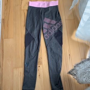 Grey Adidas athletic tights with light pink detail